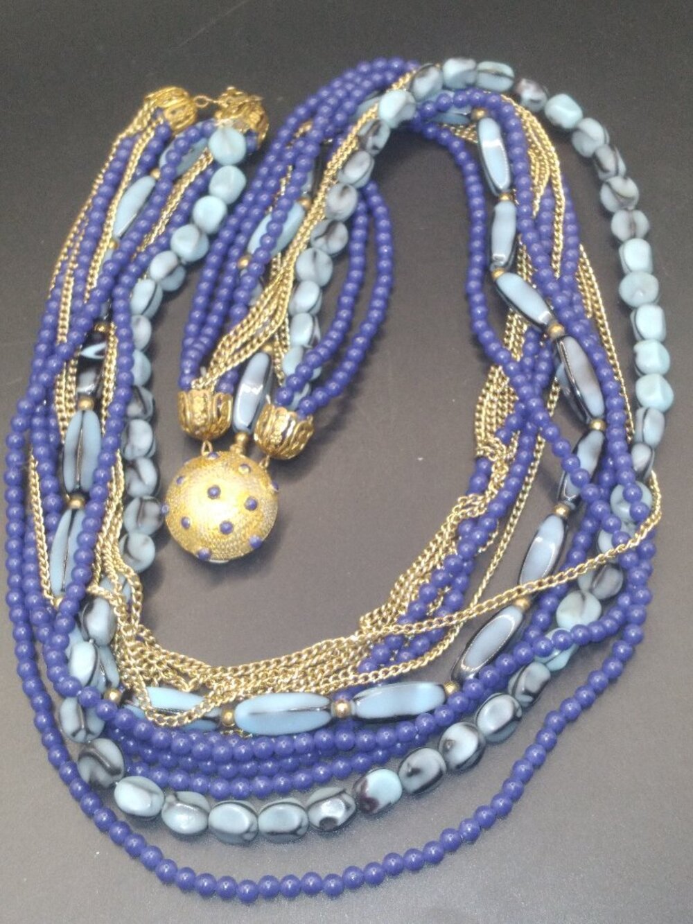 Vintage Gold Tone Box Clasp Multi Strand Necklace Blue Glass & Stone Beads 20''